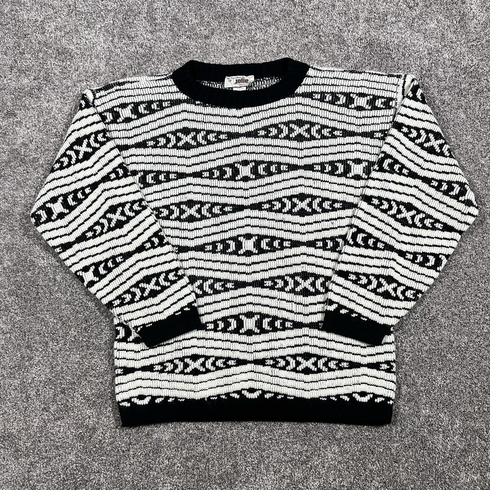 Vintage 1990s Jolie Aztec 3D Knit Sweater Made In USA Black & White Small Medium